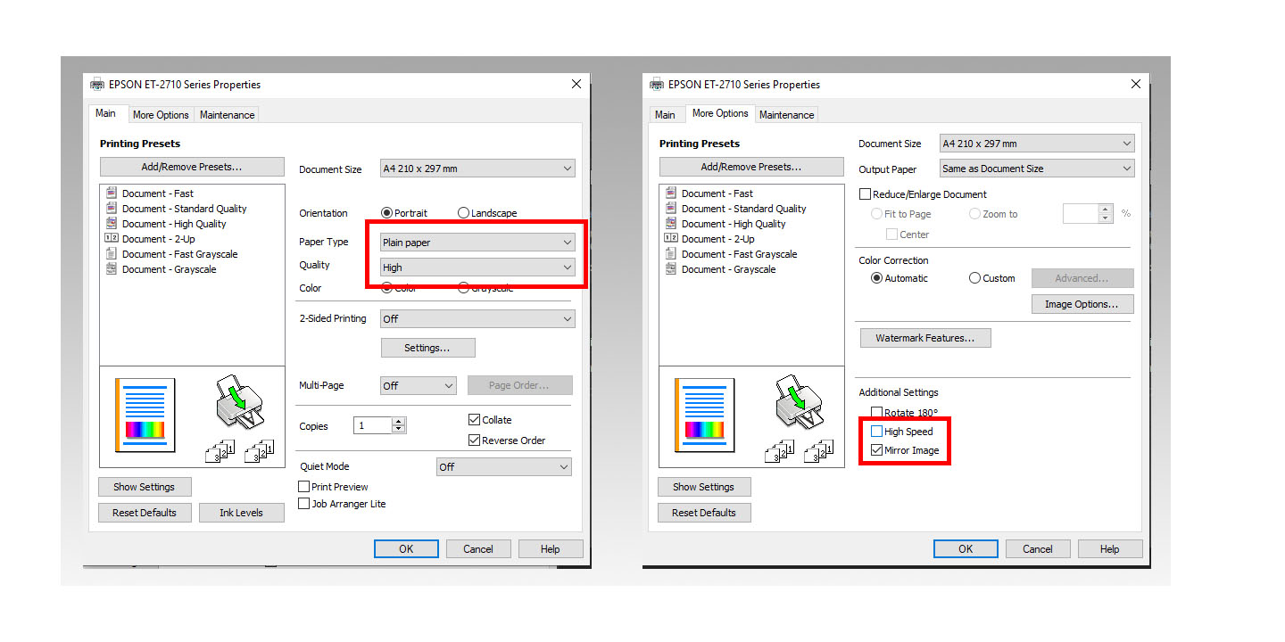 Print Settings for 'Fabric HR' sublimation paper Epson Printer on