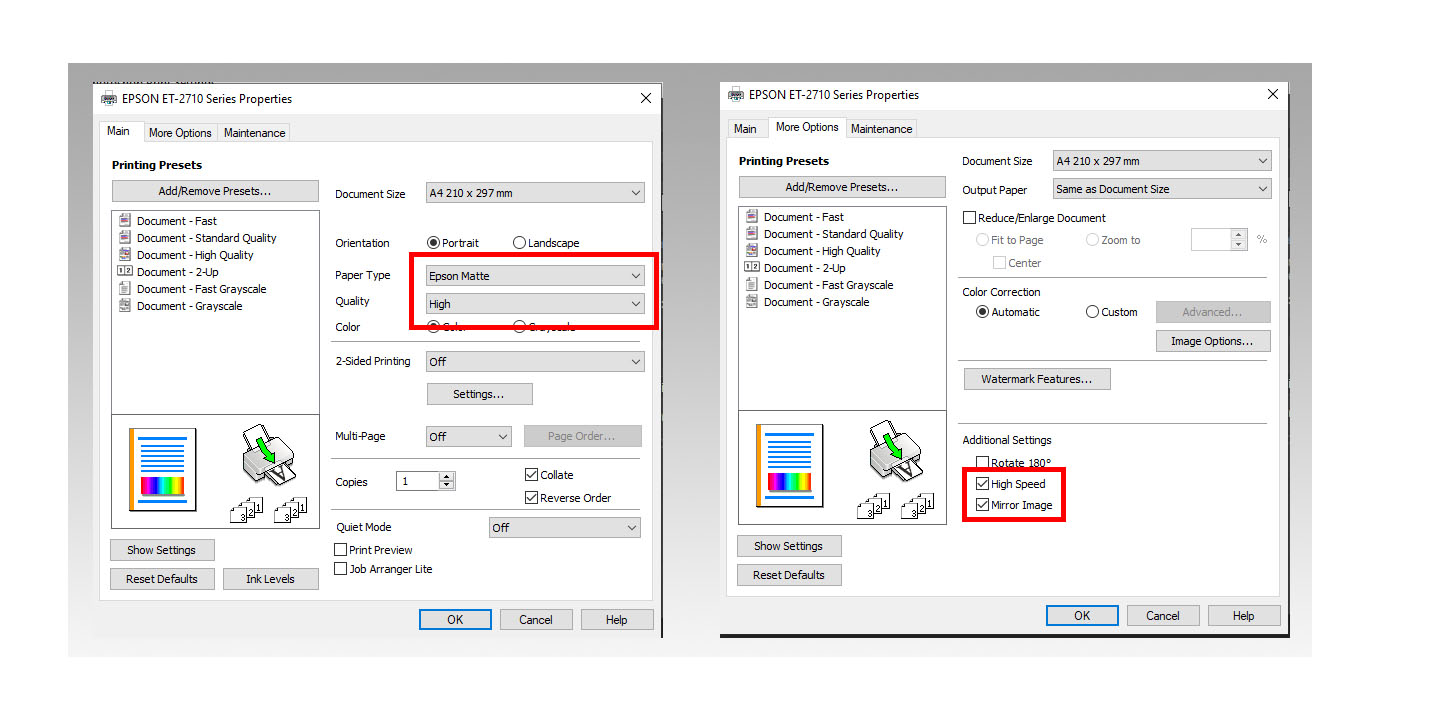 Print Settings for 'Style' sublimation paper - Epson Printer on